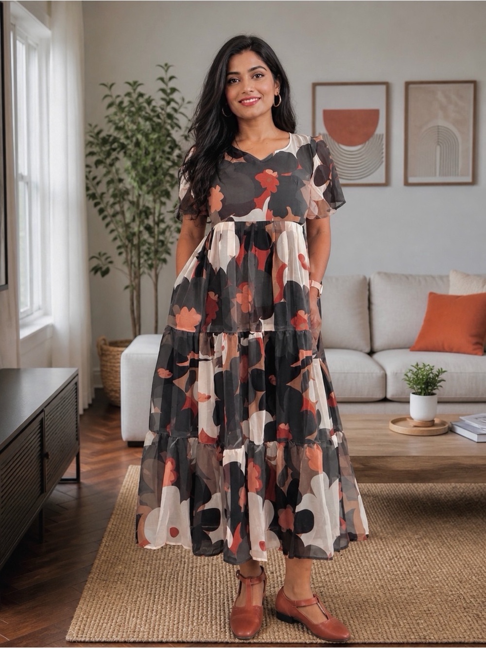Floral Tiered Maxi Dress in Black & Rust Size- Medium ( NWOT)